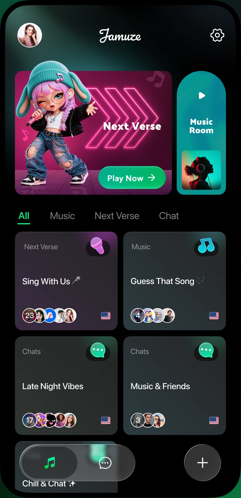 Jamuze home screen with Next Verse, Music Room, and social rooms
